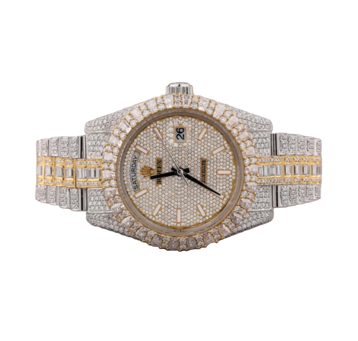 Custom diamond-set two-tone white and yellow gold Day-Date with baguette bezel