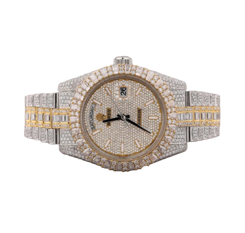 Custom diamond-set two-tone white and yellow gold Day-Date with baguette bezel