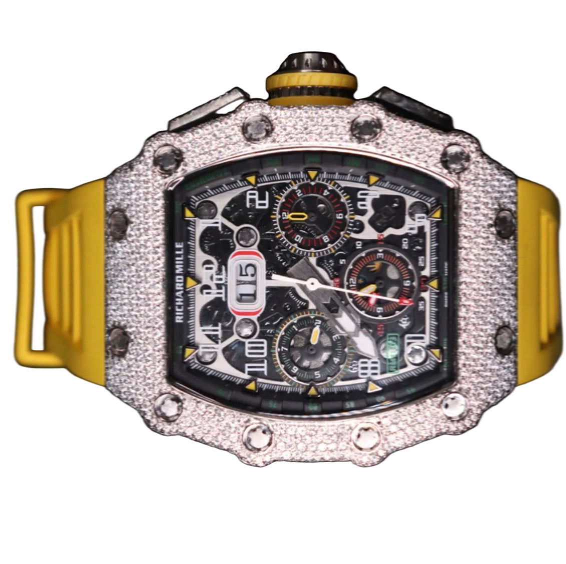 Custom diamond-set RM 11-03 flyback chronograph with yellow rubber strap