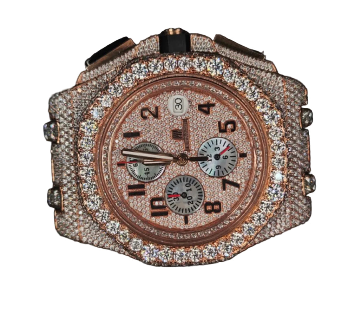 Custom diamond-set Royal Oak Offshore chronograph with rose gold-tone pavé case