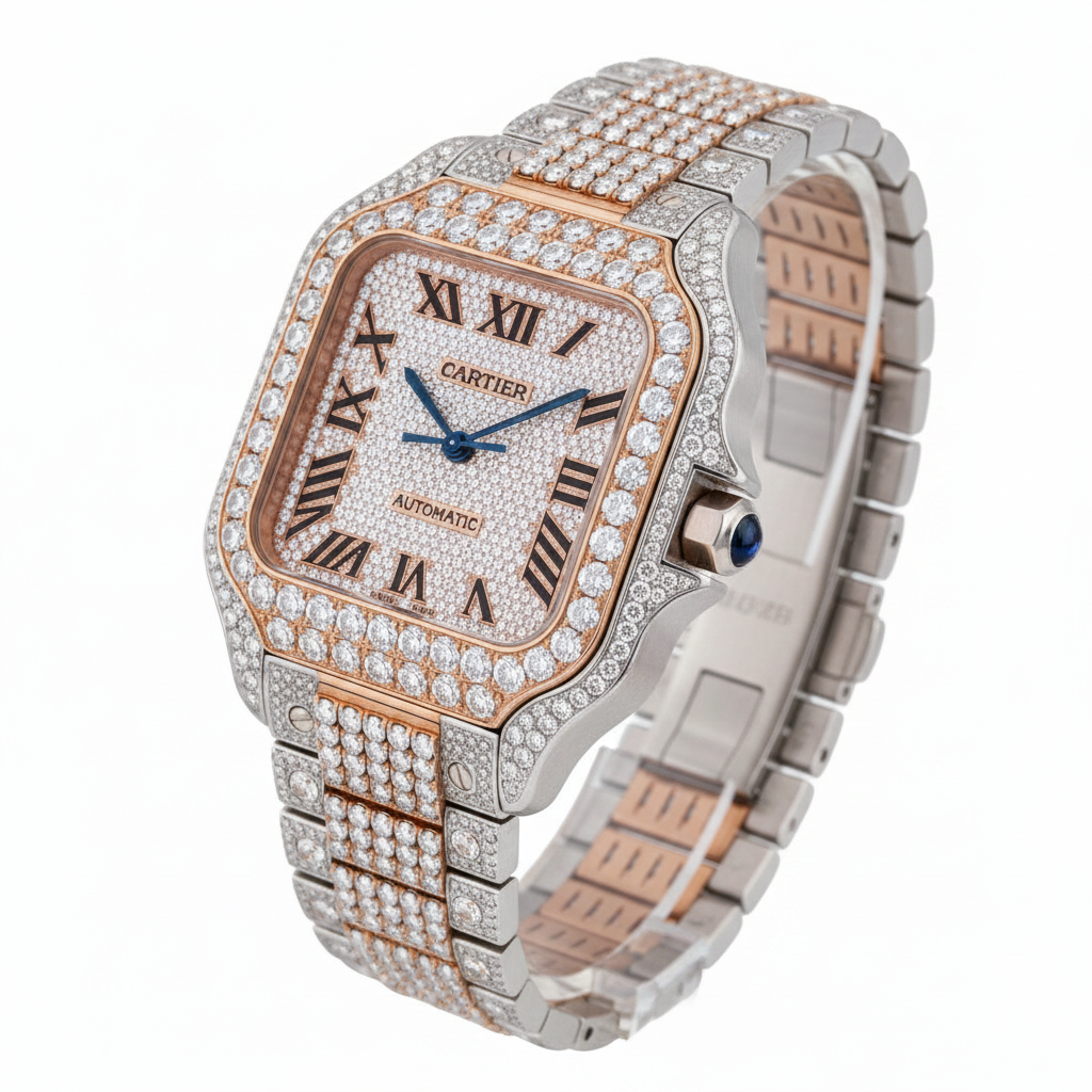 Custom diamond-set two-tone rose gold and steel Panthère, alternate view