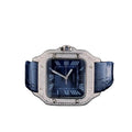 Custom diamond-set Santos with blue sunburst dial and blue leather strap