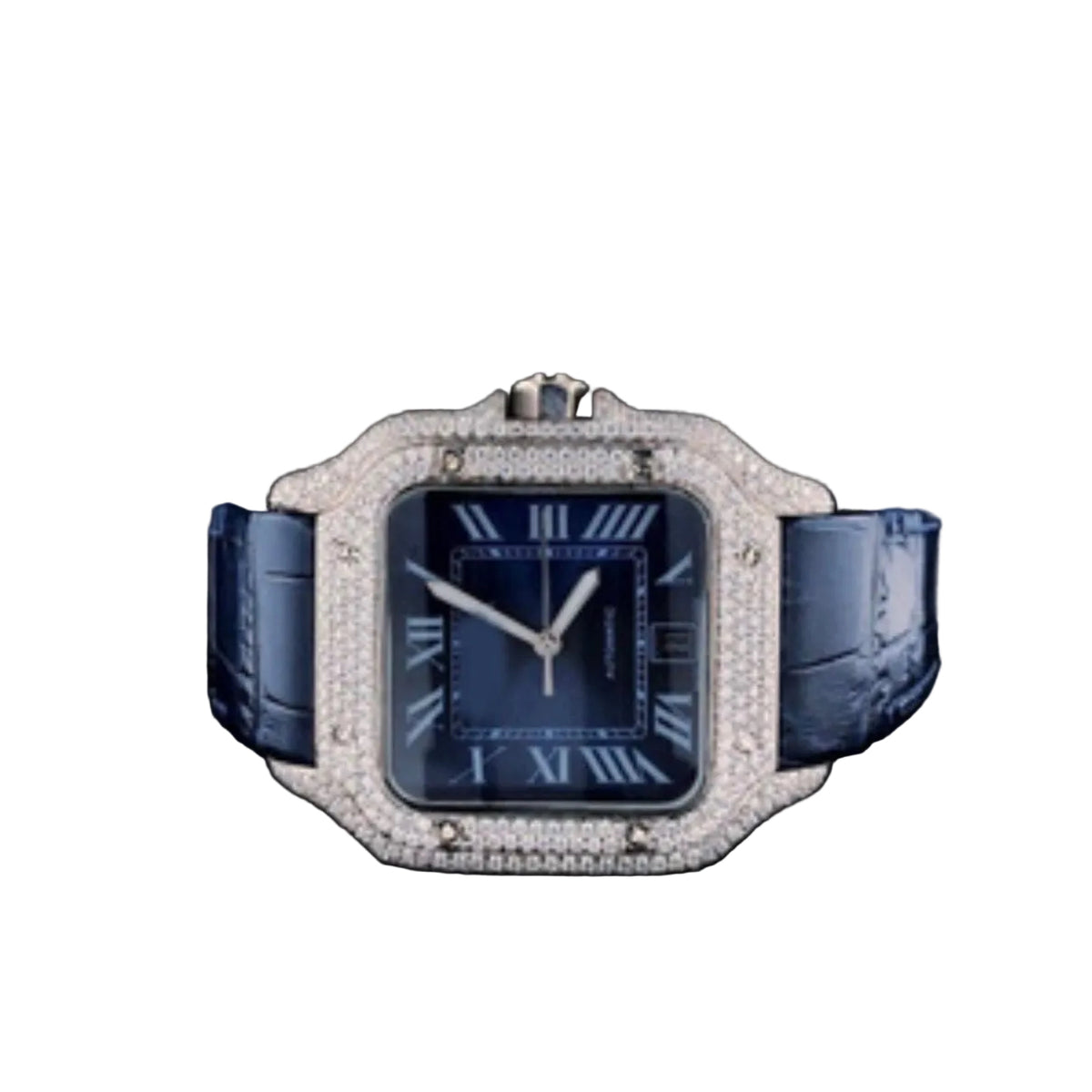 Custom diamond-set Santos with blue sunburst dial and blue leather strap