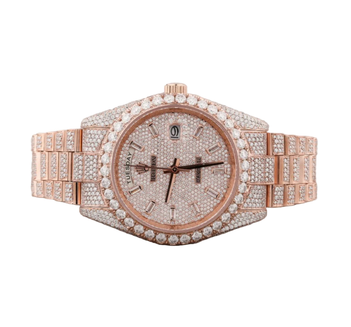 Custom diamond-set Day-Date in full Everose gold with baguette hour markers