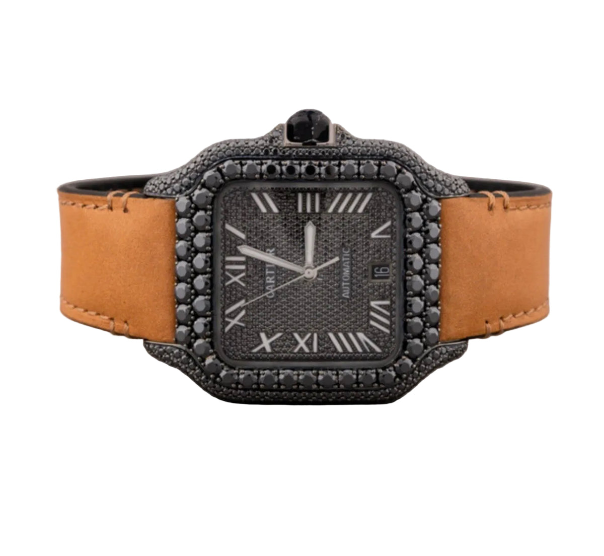 Custom blacked-out Santos with black diamonds on a tan leather strap