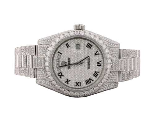 Custom diamond-set Day-Date in white gold with pavé bezel, dial and President bracelet