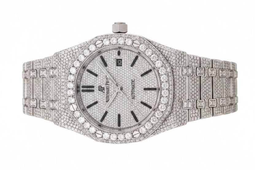 Custom diamond-set Royal Oak with pavé octagonal bezel and integrated bracelet