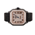 Custom Santos with black and white diamonds and rose gold bezel on a black strap