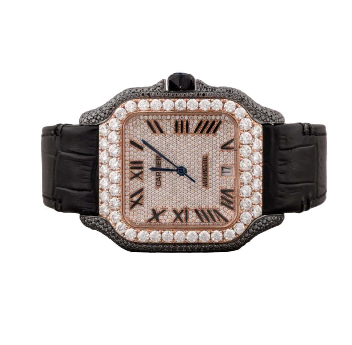 Custom Santos with black and white diamonds and rose gold bezel on a black strap