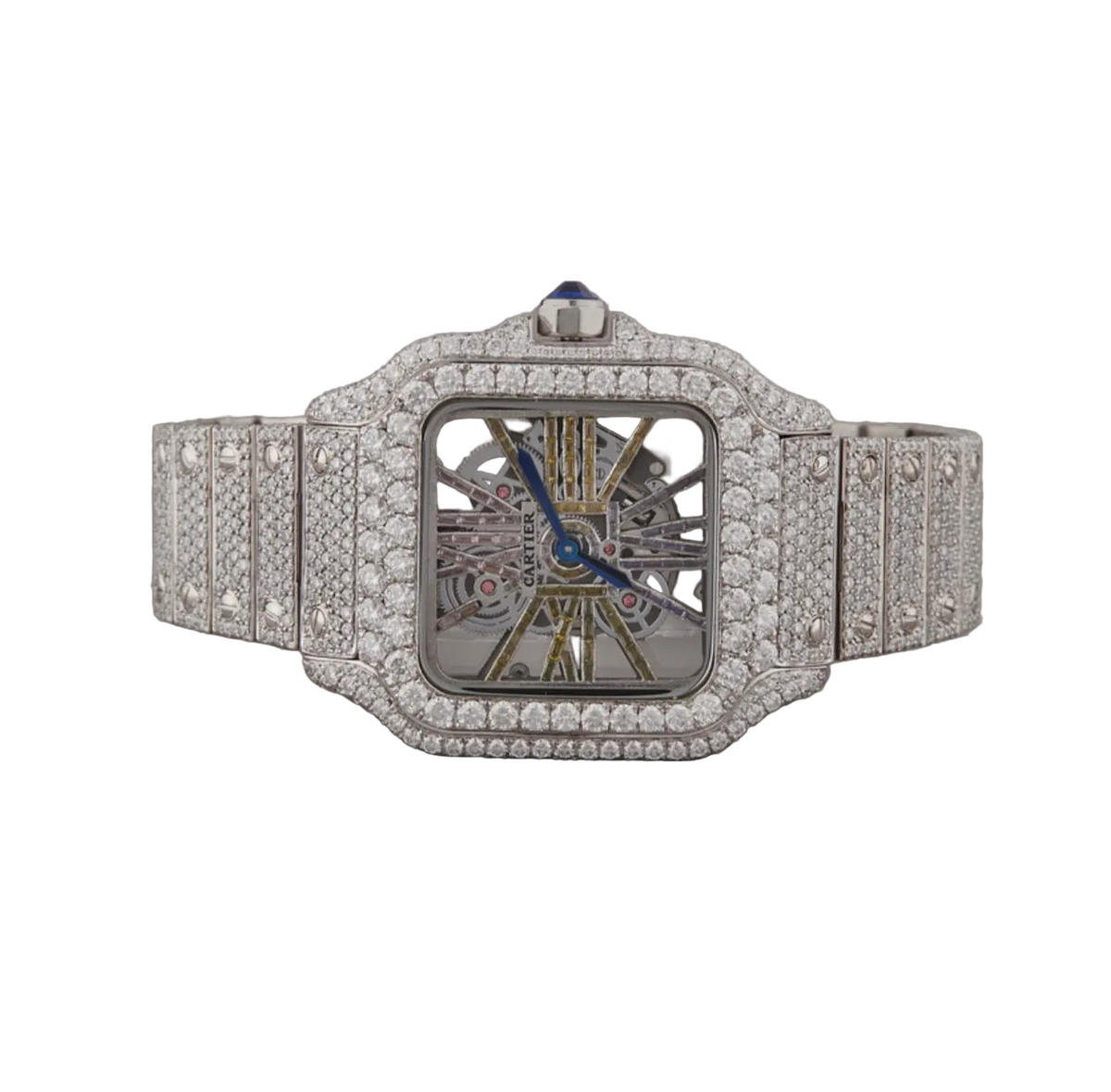 Custom diamond-set Santos Skeleton with open-worked dial and pavé case