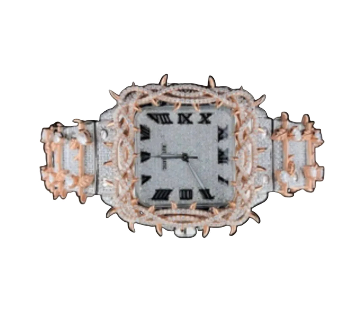 Custom diamond-set Santos with rose gold Crown of Thorns bezel