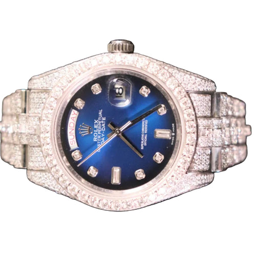 Custom fully iced Day-Date with blue ombré dial on a President bracelet