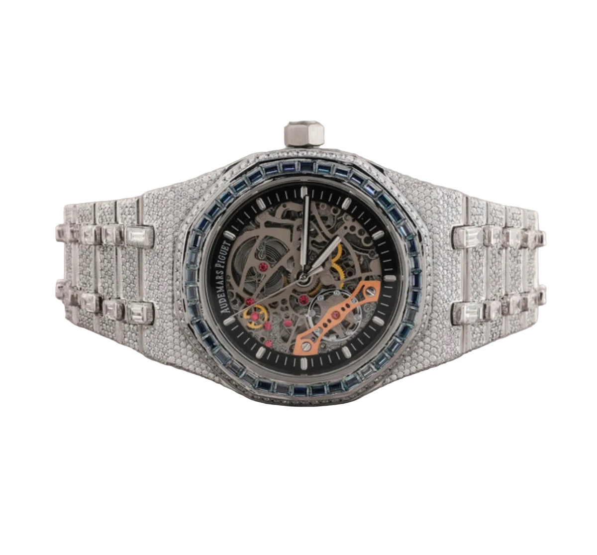 Custom diamond-set openworked Royal Oak with blue sapphire bezel